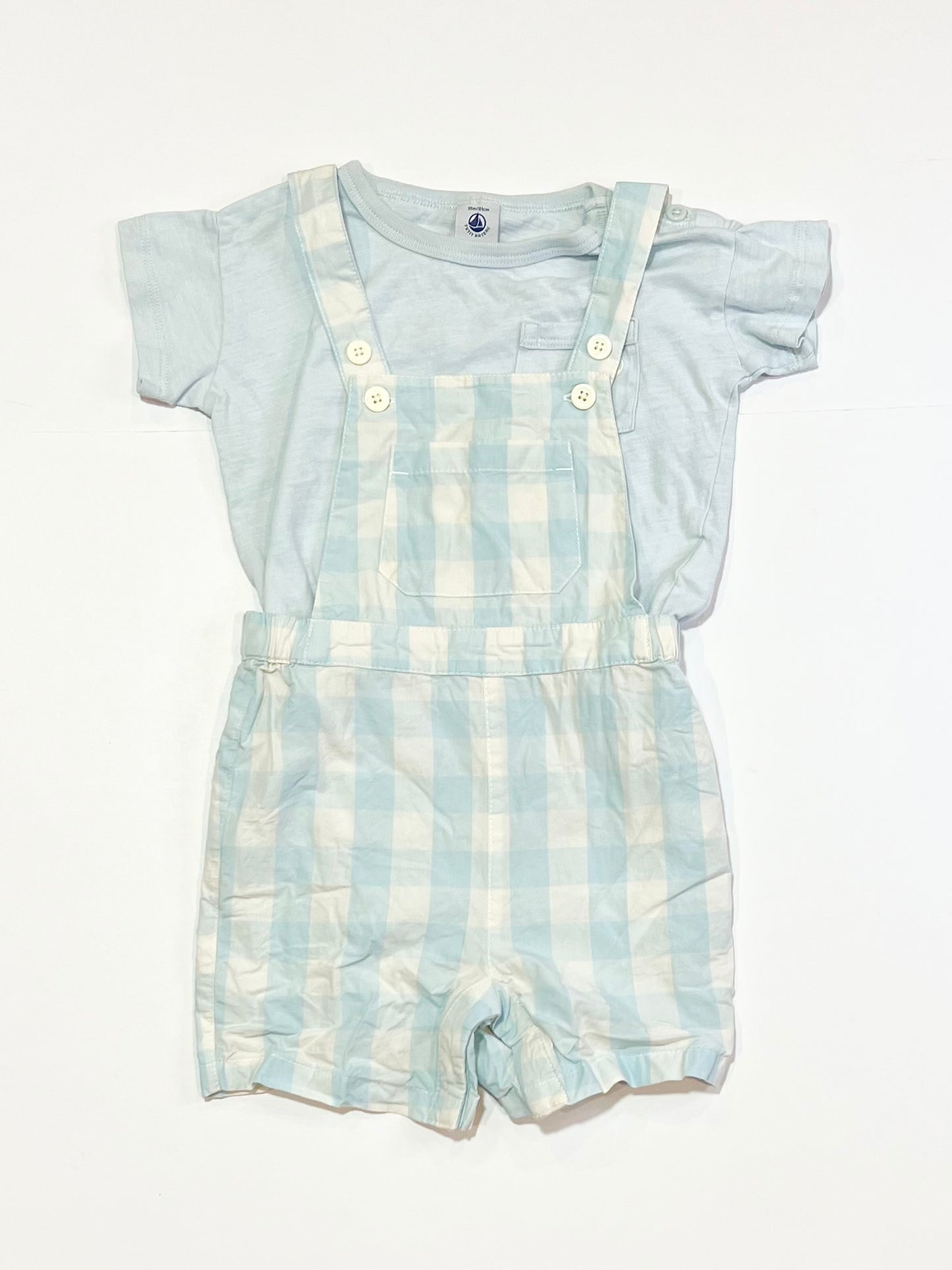 Check overalls with blue tee - Size 1