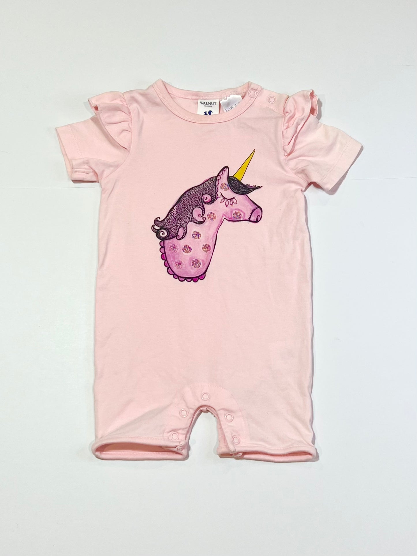 Pink unicorn romper - Size 00