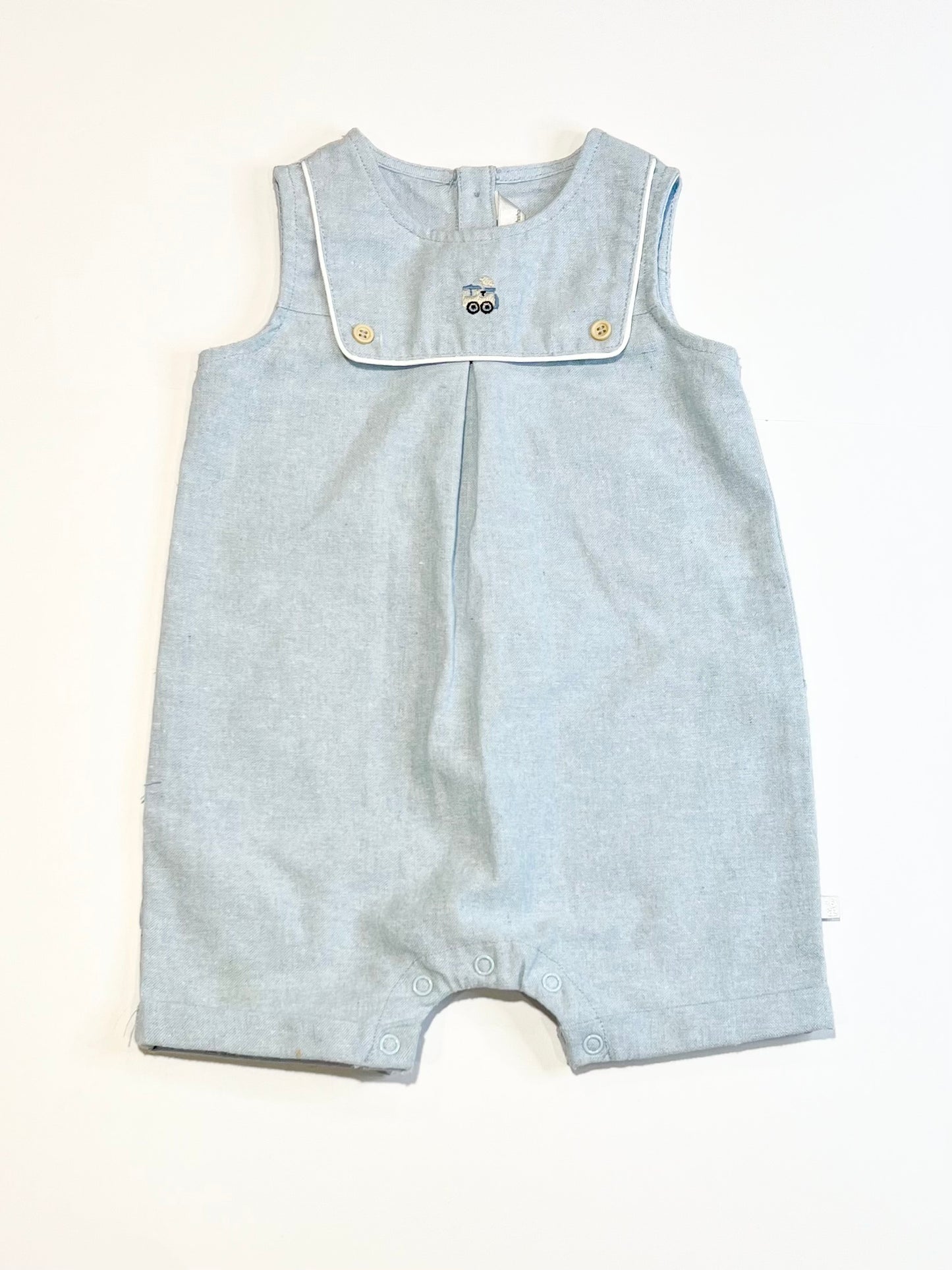 Blue woven train romper - Size 6-9 months