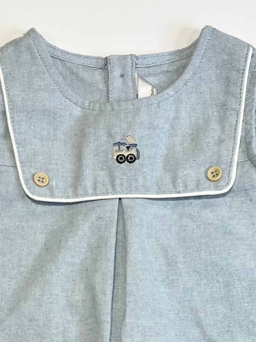 Blue woven train romper - Size 6-9 months