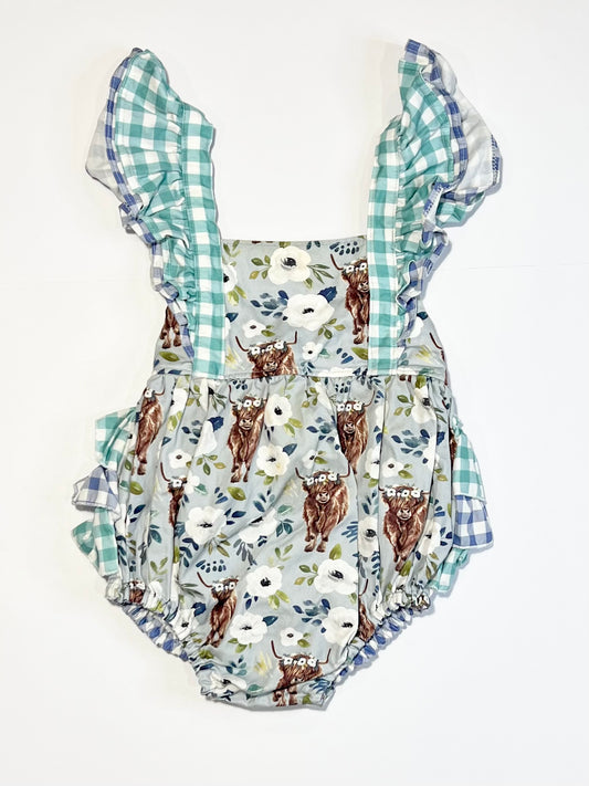 Floral cows ruffle romper - Size 2