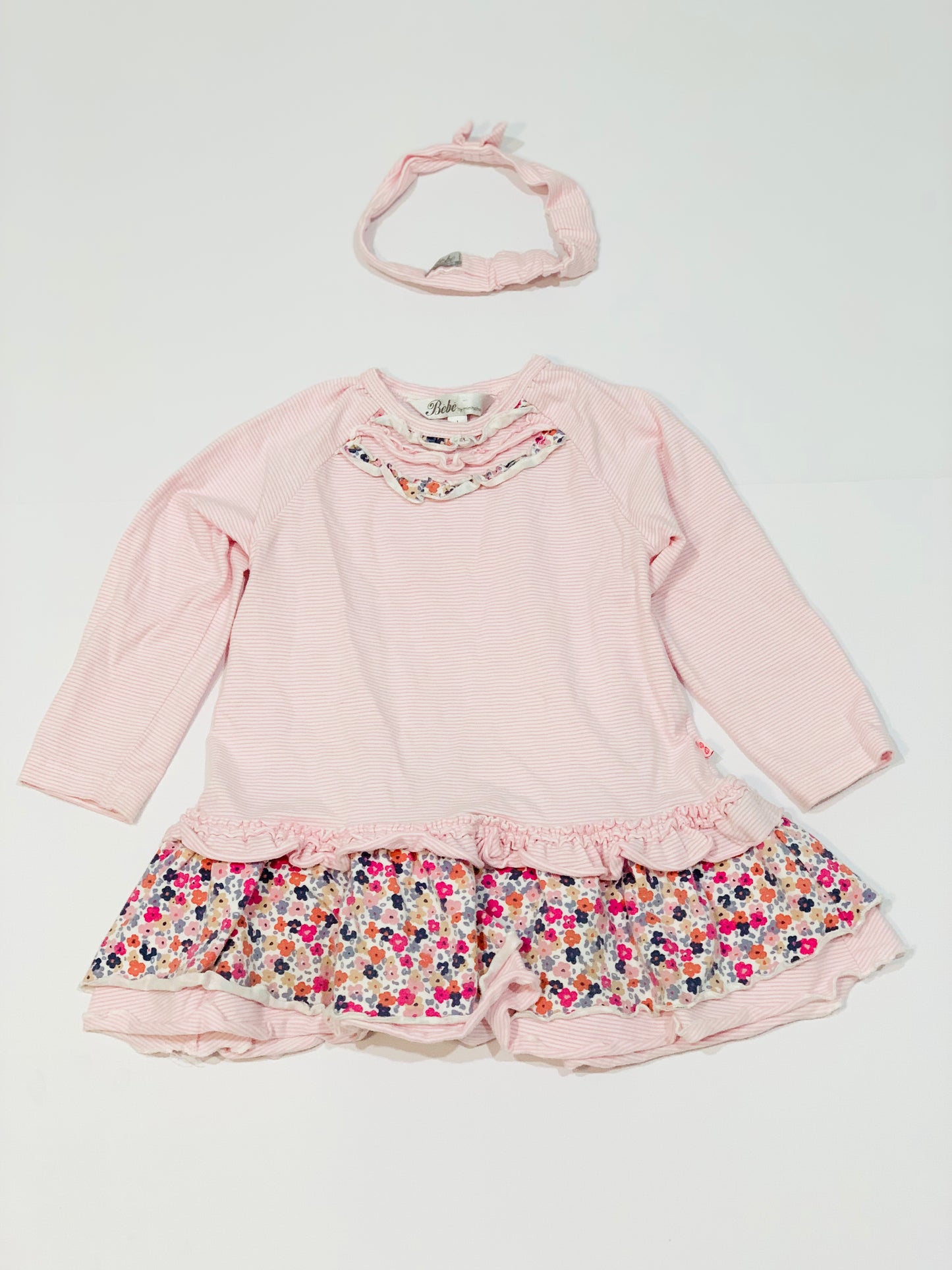 Pink striped dress with headband - Size 9-12 months